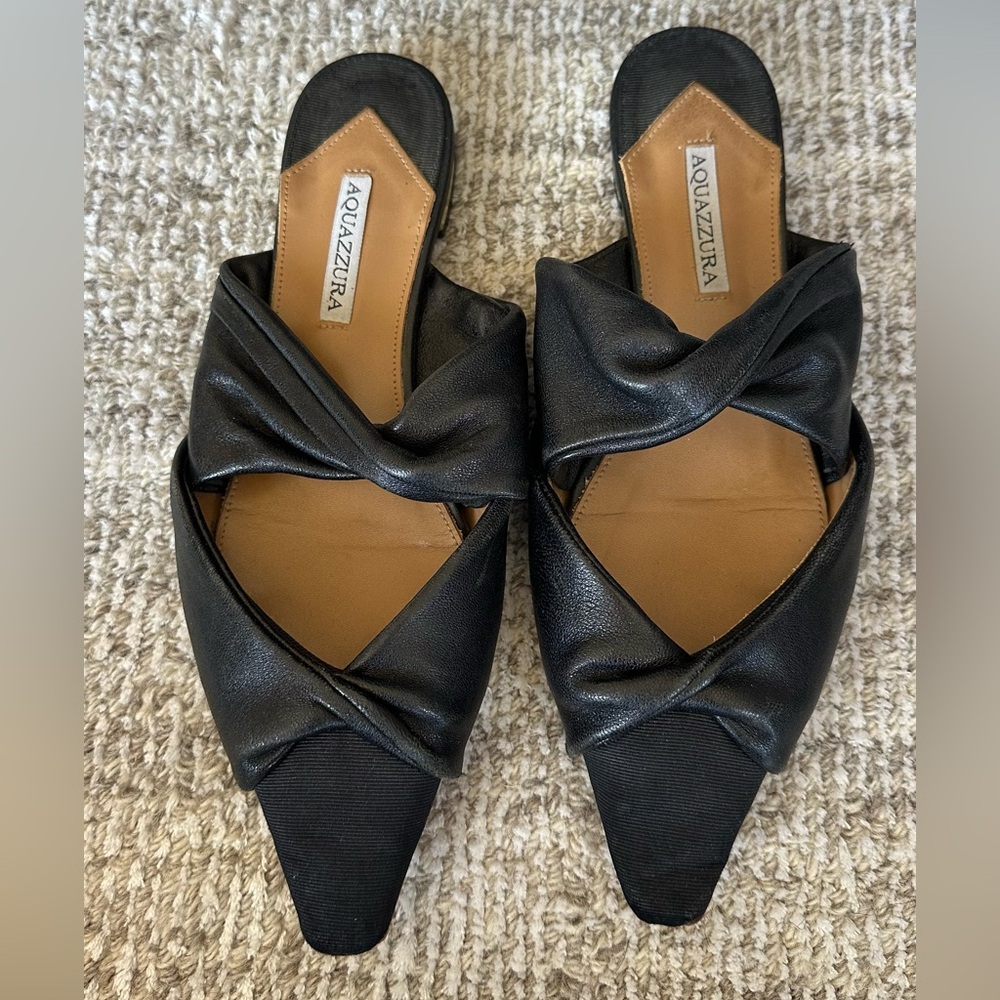 Aquazzura Black Leather Knot Pointed-Toe Slide Flats